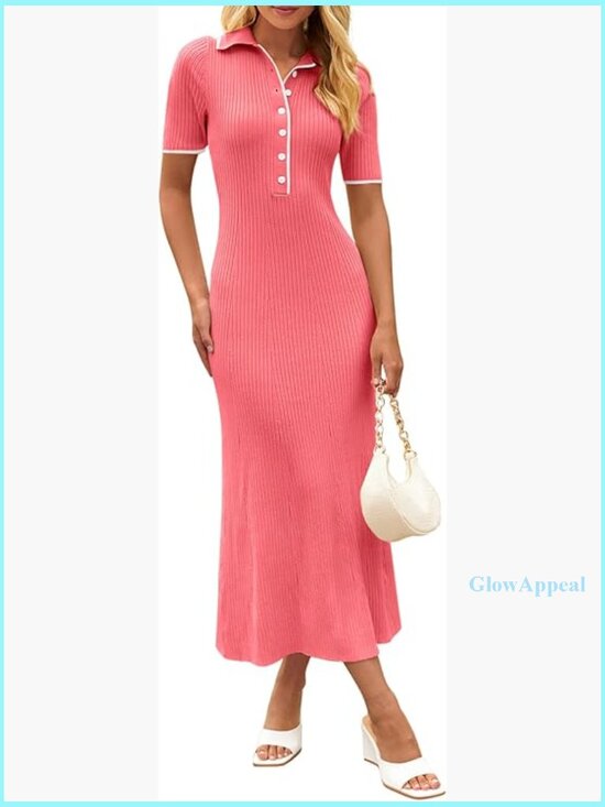 Dresses & Skirts - Ribbed Maxi Dress V-Neck Button Front Slim Fit Knit Sweater Dress